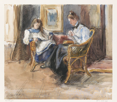Barbara van Houten, Handwerkende Cato van Houten en lezende Marie Anna van Houten in het huis aan de Riouwstraat 6, te Den Haag, 1875-1931, waterverf en krijt, 409 × 460 mm. Rijksmuseum, Amsterdam, aankoop uit het F.C. Waller-Fonds