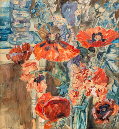 Stilleven met klaprozen en glazen vazen op een tafel, 1890-1950, waterverf, 65 x 62 cm. Particuliere collectie, Amsterdam.  