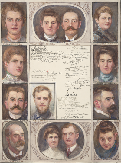 Barbara van Houten, Portretten van familieleden, pagina in een album aangeboden aan Sientje Mesdag-van Houten ter gelegenheid van haar zeventigste verjaardag (diverse vervaardigers), 1904, potlood en waterverf op papier, 79 x 60 cm. De Mesdag Collectie, Den Haag